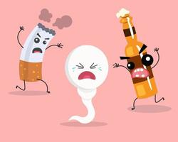los espermatozoides huyen de la botella de alcohol y fuman caricaturas de cigarrillos. concepto de espermatozoides y óvulos poco saludables. ilustración vectorial vector