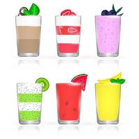 conjunto de batidos realistas en vasos, chocolate, fresa, arándano, kiwi, sandía, mango, bebidas frescas, jugo para fitness y estilo de vida saludable, ilustración vectorial vector