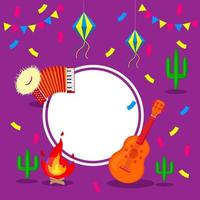 Festa Junina holiday card, guitar, button accordion, party flags and paper lantern on purple background, brazil june festival, greeting card design, invitation or celebration poster, vector