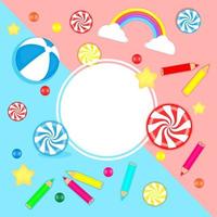 Happy International Children's Day greeting card or poster design, kids toys, pencils, candy, rainbow, ball, wallpaper, print, vector illustration