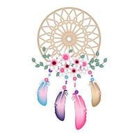 Realistic Dreamcatcher with threads, beads and feathers, boho style, Native American tribal symbol ,Ethnic dreamcatcher silhouette, vector illustration.
