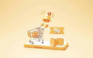 Shopping cart with discount voucher sale notification on smartphone orange background 3d rendering photo