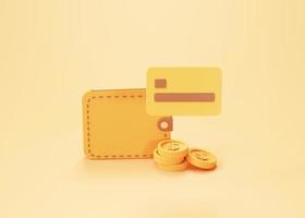 Wallet and credit card with coin money online shopping and payment concept on orange background 3d rendering photo