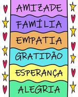 Brazilian Portuguese Colorful digital friendship lettering. Perfect for your friend. Translation - Friendship, Family, Empathy, Gratitude, Hope, Joy vector