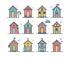 Set of beach hut icons, flat line style, colored vector