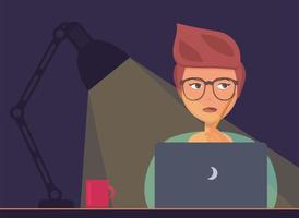 Freelancer working at night concept. Young woman sitting with laptop, working, surfing internet or networking. vector