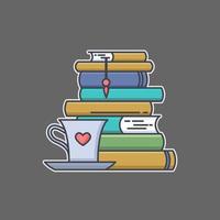 Colored line icon of pile of books and tea or coffee cup with heart symbol. I love reading concept for libraries, book stores and schools. Vector illustration isolated.