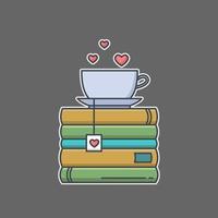 Colored line icon of pile of books and tea cup with heart symbols. I love reading concept for libraries, book stores and schools. Vector illustration isolated.