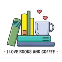 icono de línea de color que muestra la pila de libros y la taza de cerámica. Me encanta leer el concepto con símbolos del corazón.