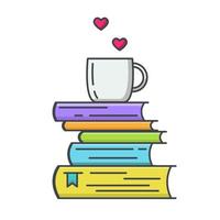 Colored line icon of pile of books and tea or coffee cup with heart symbols. vector