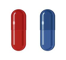 Blue and red pills, vector illustration isolated on white background. Concept of choice. Two different alternatives metaphor.