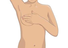 Female performing monthly breast check for tumor and lump. Breast self exam, vector illustration. Part of female torso with one hand up and other hand over the boob.