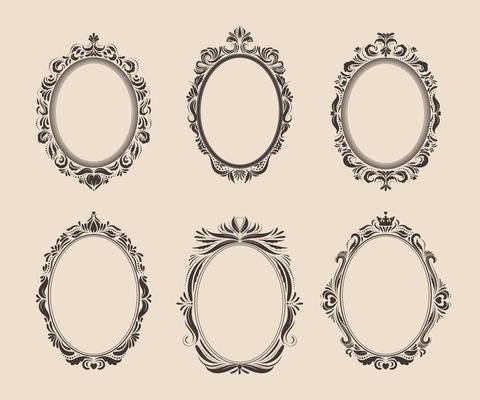 Decorative oval vintage frames and borders set. Victorian and baroque style design. Elegant royal-style frame shapes with swirls for labels,tags and invitations. Vector illustration.