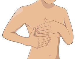 Woman performing monthly breast check, self exam, hands over breasts. Female chest, part of torso. Breast tumor, cancer problem illustration. Realistic style vector.