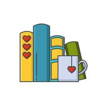 Colored line icon of pile of books and tea or coffee cup with heart symbols. vector