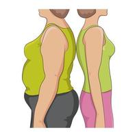 Thick and thin overweight problem concept. Two women standing back to back, with fat and lean abdomen, arm and hips, side view. Before and after diet, fitness, liposuction.Vector illustration isolated vector