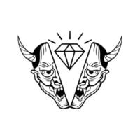 máscara de diablo dibujada a mano con ilustración de garabato de diamante para póster de pegatinas de tatuaje, etc. vector