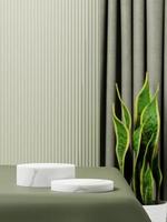 3d white marble display podium on the table against green curtain and plant background. 3d rendering of realistic presentation for product advertising. 3d minimal illustration.