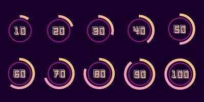 Circles with percentage from ten to hundred. Numbers in circular shapes 10, 20, 30, 40, 50, 60, 70, 80 and 100 numbers with gradient circle. vector