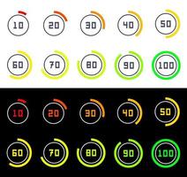 Circles with percentage from ten to hundred. Numbers in circular shapes 10, 20, 30, 40, 50, 60, 70, 80 and 100 numbers with gradient circle. vector