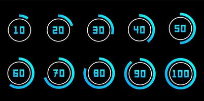 porcentaje de círculo vectorial de alta tecnología de diez a cien. del 10 al 100 por ciento en conjunto de iconos circulares, elementos de diseño moderno de progreso infográfico vector