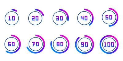 Circles with percentage from ten to hundred. Numbers in circular shapes 10, 20, 30, 40, 50, 60, 70, 80 and 100 numbers with gradient circle. vector