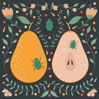 Yellow pear, on a dark background with floral elements, flowers, leaves and green beetles.