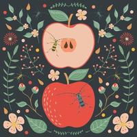 Red apple, on a dark background with floral elements, flowers, leaves and beetles. vector