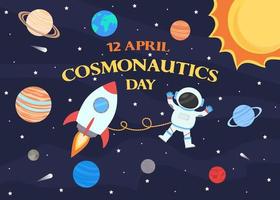 Cosmonautics Day. 12 April. An astronaut in a spacesuit next to a rocket, against the background of the starry sky and the planets of the solar system. vector