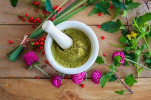 Fresh herbs powder in the mortar, alternative medicine photo