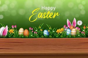 happy easter illustration with colorful easter eggs, grasses, and flower vector