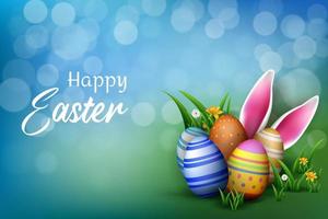 easter banner decoration with creative grasses, easter eggs, flower and wooden board vector