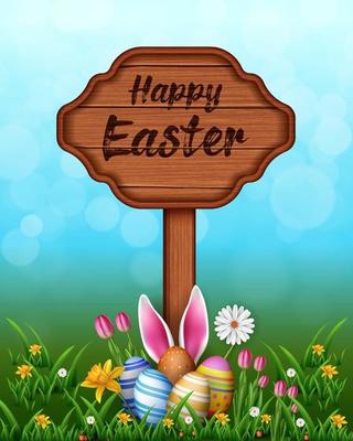 happy easter wooden signboard banner template with easter eggs, grasses, and rabbit ears