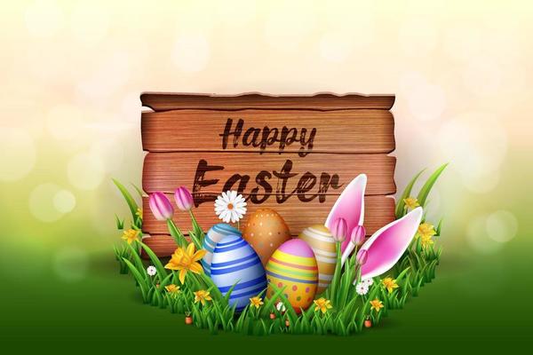 easter banner decoration with creative grasses, easter eggs, flower and wooden board