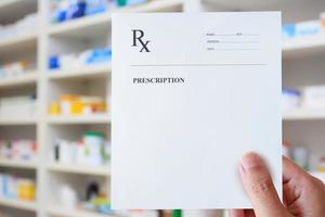hand hold prescription paper over the pharmacy photo