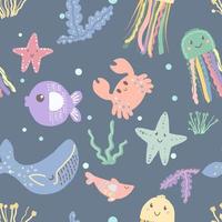 patrón del mundo submarino. habitantes de dibujos animados del océano. peces, medusas y estrellas de mar en el patrón. vector