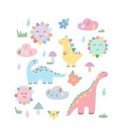 Clipart set of bright dinosaurs. Cute fun illustration for kids decor. Vector hand drawn dinosaurs, sun, clouds.