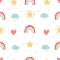 Abstract rainbow with clouds, sun, stars seamless pattern. vector