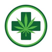 hoja de cannabis en un círculo verde con una cruz médica vector