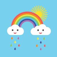 Rainbow with cute clouds and sun vector