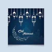 Eid Mubarak Greeting Card. Social Media post template with moon and lantern background. vector