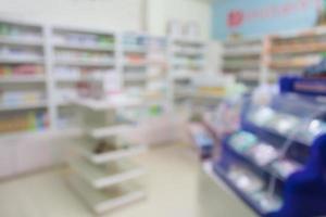 pharmacy store drugs shelves interior blurred background