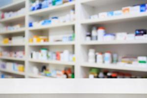 pharmacy product display counter with drugstore shelves photo