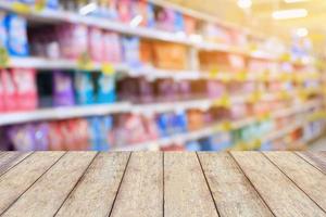 detergent shelves in supermarket or grocery store blurred background photo