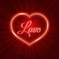 Red Valentines day greeting card with neon heart on shiny rays background. Romantic vector illustration. Easy to edit design template.