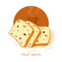 Bread, bakery icon, sliced fresh tutti frutti fruit bread with tea isolated on white background vector