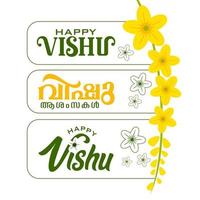 ilustración vectorial de una pancarta para el feliz diseño de tipografía vishu en el fondo tradicional con la flor kani konna, vishu es el festival del sur de la India. vector