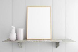 Minimalist and clean vertical wooden poster or photo frame mockup on the marble table in living room. 3D Rendering.