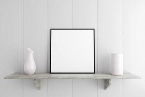 Minimalist and clean square black poster or photo frame mockup on the marble table in living room. 3D Rendering.