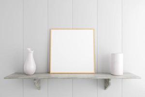 Minimalist and clean square wooden poster or photo frame mockup on the marble table in living room. 3D Rendering.
